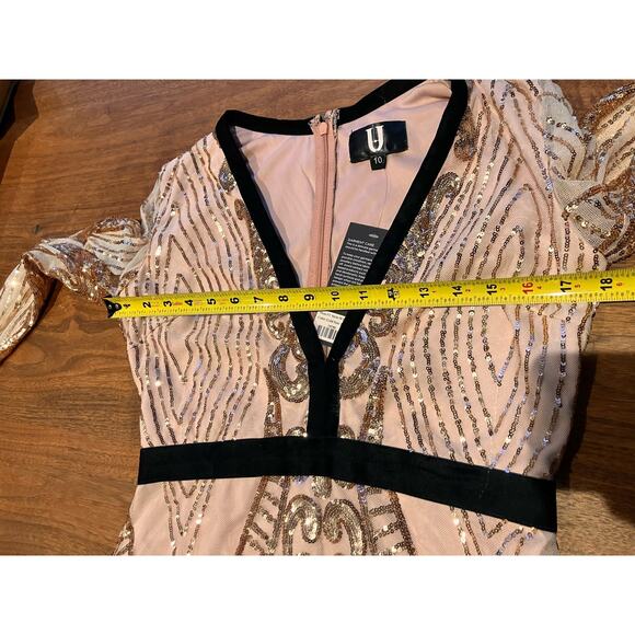 FOREVER UNIQUE 10 Dress, Long Sleeve, Plunging, Pink Gold Sequins NWT Homecoming - Picture 12 of 13